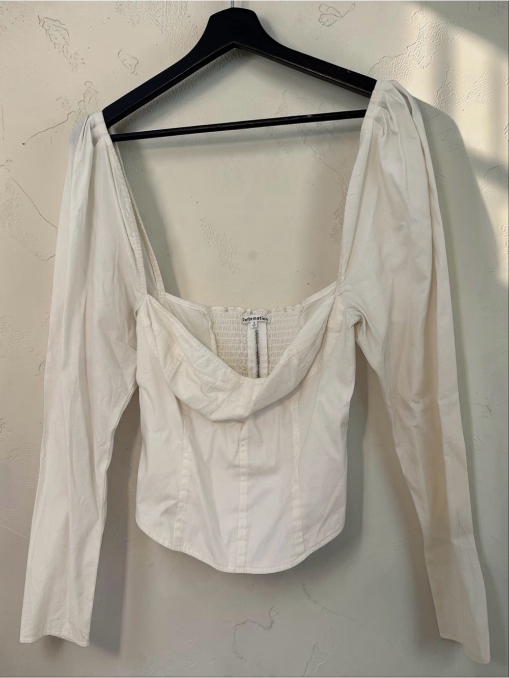 Reformation White Square-Neck Long Sleeve Smocked Back Top